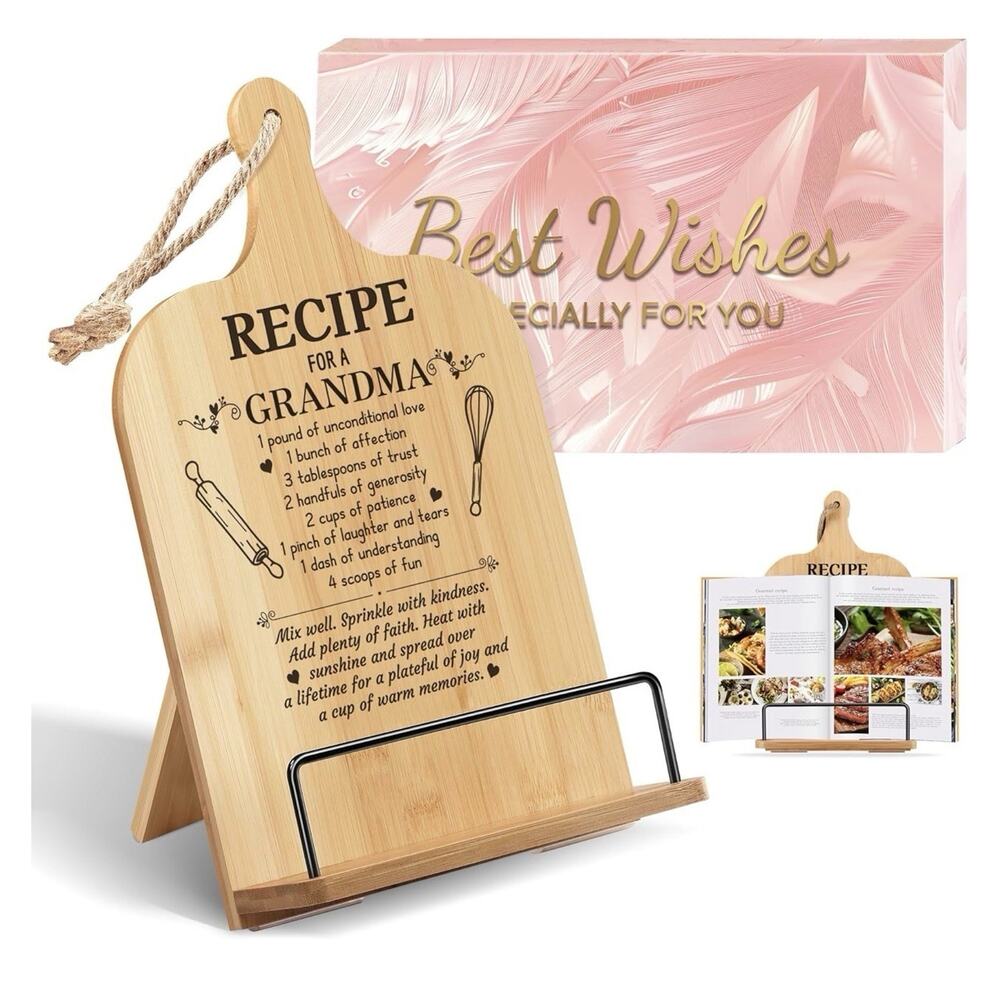 Grandma Gifts Cookbook Stand Bamboo Recipe Book Holder Kitchen Counter Non Slip